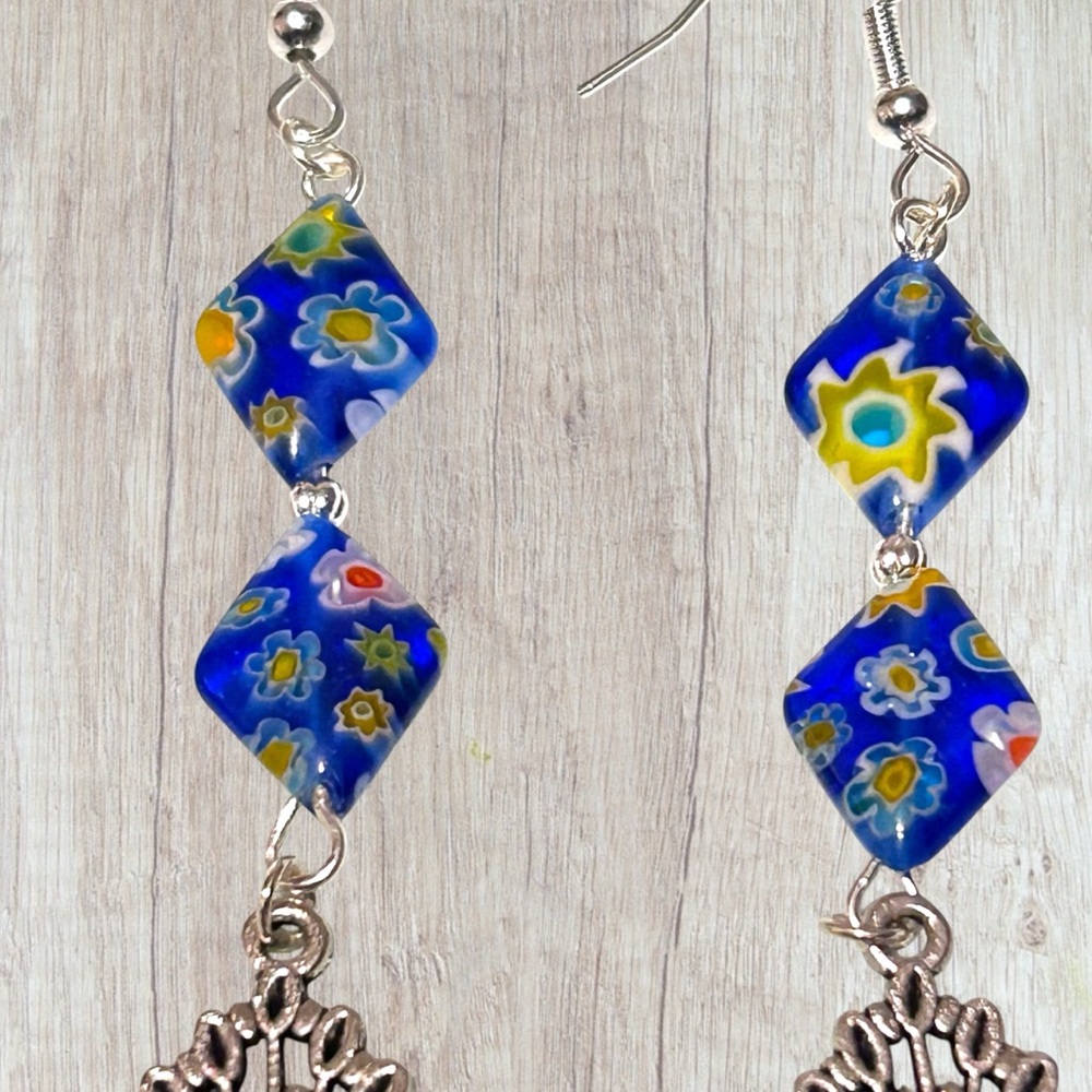 Hand Crafted Peacock Earrings Flowers Floral Long Dangle Pierced Hypoallergenic - Picture 3 of 7